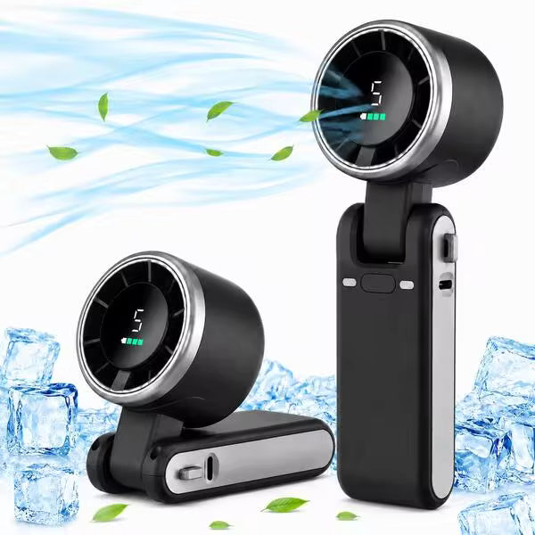 Portable Handheld Turbo Fan, 5000mAh Rechargeable Battery, Up To 12H Runtime, 5 Gear Wind, LED Display, 180° Foldable, 3-In-1 Fan, Rechargeable Stylish Fan With Air-Turbo-Tech Cooling For Outdoor Activities, Travel, Work&Beach Trip Essentials(Black)