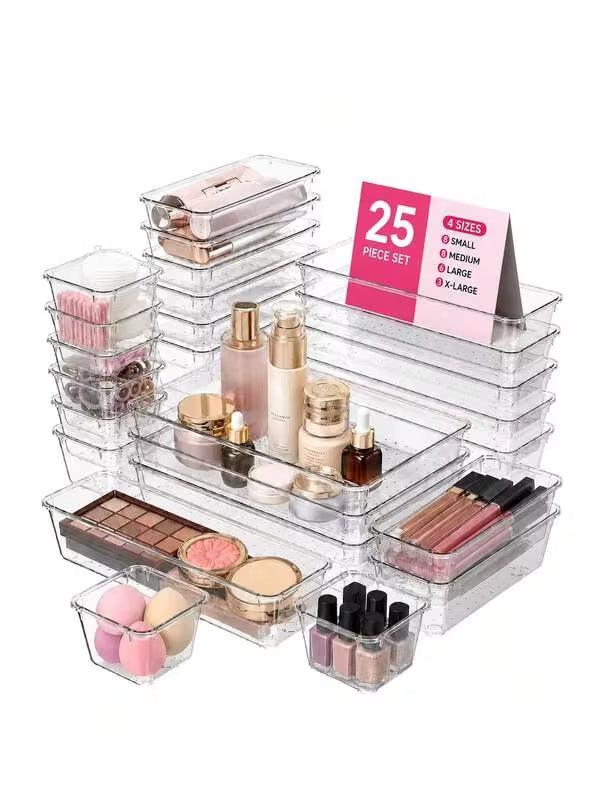 13/25/44pcs Clear Plastic Drawer Organizers Set, 4-Size Versatile Bathroom And Vanity Drawer Organizer Trays, Storage Bins For Makeup, Bedroom, Kitchen Gadgets Utensils And Office